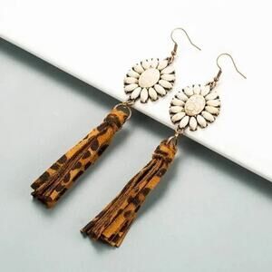 New Wild White Turquoise Flower with Leopard Print Tassel Dangle Earrings A0121